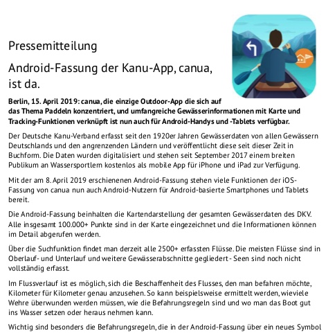 Android Version of Canua App, DKV Press release of April 15th 2019